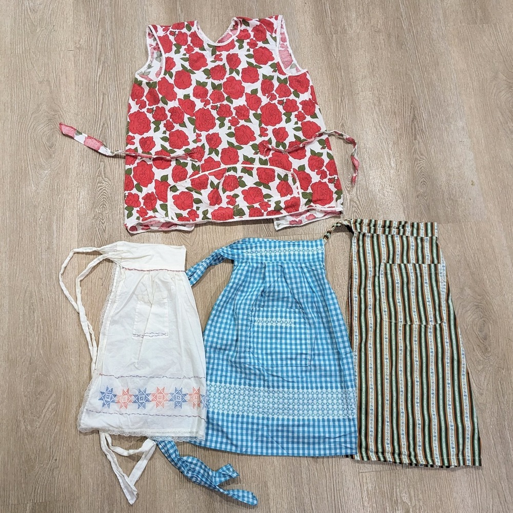 Vintage Cobbler Half Apron Lot of 4 1960s Floral Gingham Embroidered Cottagecore